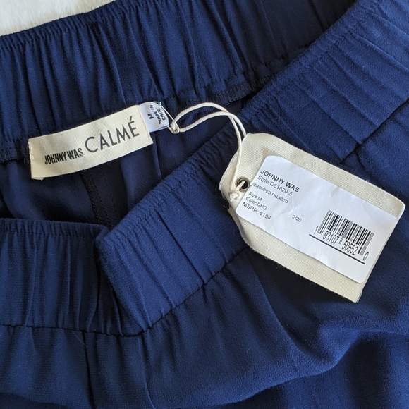 Johnny Was Pants Cropped Palazzo Wide Leg Elastic Waist Pockets Navy Blue M NWT - Picture 9 of 11